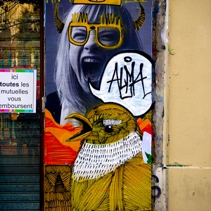 Mur et persienne décorés d'un streetart représentant une jeune femme avec lunettes et couronnes - France  - collection de photos clin d'oeil, catégorie streetart